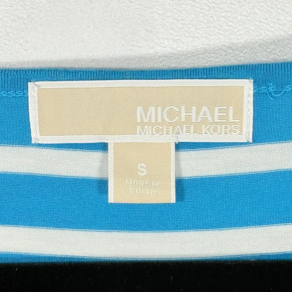Michael Kors Striped Scoop Neck T Shirt Blue White Womens S Coastal Beach Bright